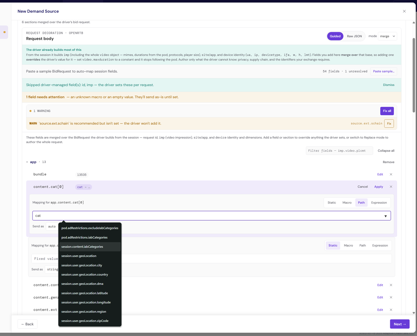 Field mapping in the demand source builder, with static, macro, path and expression modes
