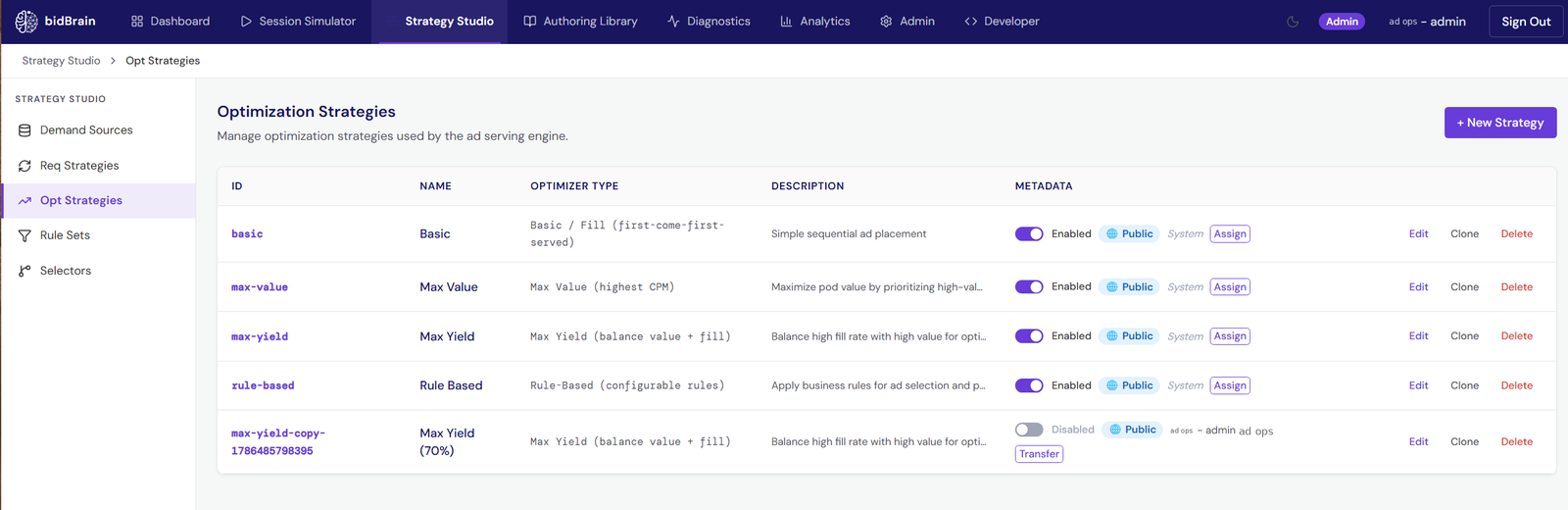 Optimization strategies list in bidBrain