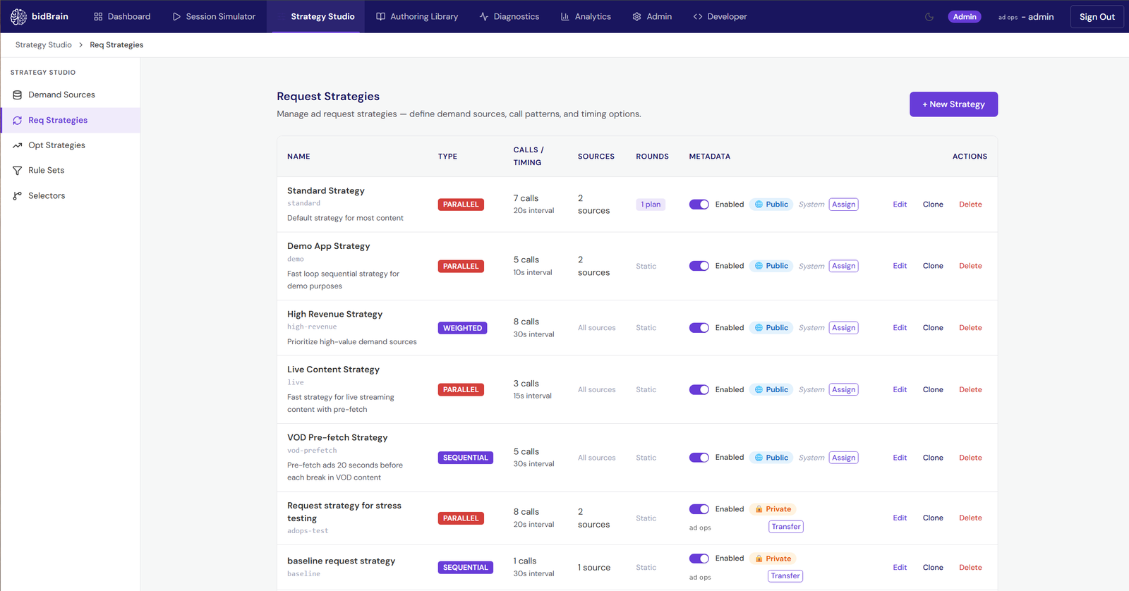 Request strategies list in the bidBrain Strategy Studio